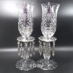 2 Duncan & Miller FIRST LOVE Candlesticks w Hurricane Shades Bobeches & Prisms