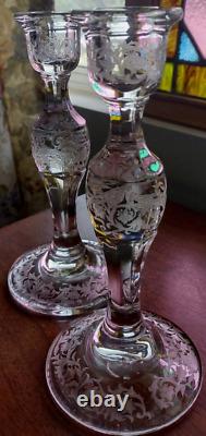 2 EAPG Fostoria DRESDEN Rose CANDLE STICK Holders 8 Etch#2244-6 RARE STUNNING