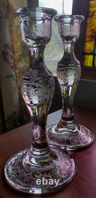 2 EAPG Fostoria DRESDEN Rose CANDLE STICK Holders 8 Etch#2244-6 RARE STUNNING