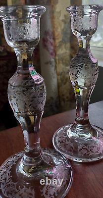 2 EAPG Fostoria DRESDEN Rose CANDLE STICK Holders 8 Etch#2244-6 RARE STUNNING