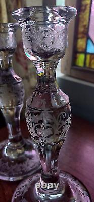 2 EAPG Fostoria DRESDEN Rose CANDLE STICK Holders 8 Etch#2244-6 RARE STUNNING