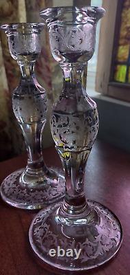 2 EAPG Fostoria DRESDEN Rose CANDLE STICK Holders 8 Etch#2244-6 RARE STUNNING