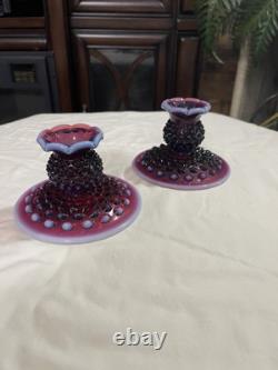 2 Fenton USA Purple Plum Hobnail Opalescent Art Glass Table Candle Stick Holder