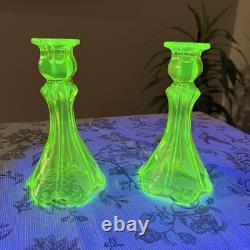 2 Fostoria Green Uranium Tall Vaseline Glass Candlesticks Candle Holders