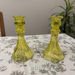 2 Fostoria Green Uranium Tall Vaseline Glass Candlesticks Candle Holders