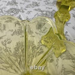 2 Fostoria Green Uranium Tall Vaseline Glass Candlesticks Candle Holders