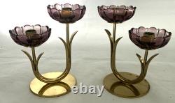 2-Gunner Ander Ystad Metall Amethyst Glass Flower Double Candle Holders MCM
