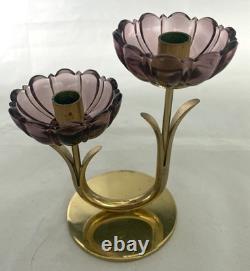 2-Gunner Ander Ystad Metall Amethyst Glass Flower Double Candle Holders MCM