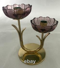 2-Gunner Ander Ystad Metall Amethyst Glass Flower Double Candle Holders MCM