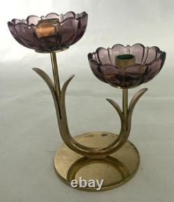 2-Gunner Ander Ystad Metall Amethyst Glass Flower Double Candle Holders MCM