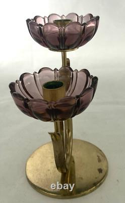 2-Gunner Ander Ystad Metall Amethyst Glass Flower Double Candle Holders MCM