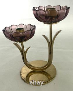 2-Gunner Ander Ystad Metall Amethyst Glass Flower Double Candle Holders MCM