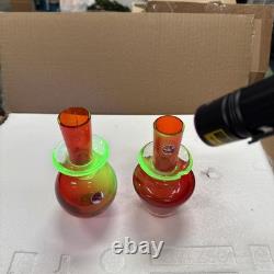 2 Hand-blown Murano Red Glass Candlestick Holders with Clear Base Made In Italy 2 Hand-blown Murano Red Glass Candlestick Holders with Clear Base Made In Italy