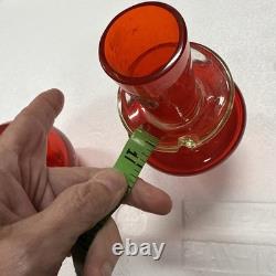 2 Hand-blown Murano Red Glass Candlestick Holders with Clear Base Made In Italy
