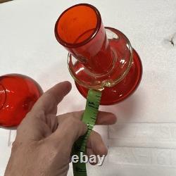 2 Hand-blown Murano Red Glass Candlestick Holders with Clear Base Made In Italy