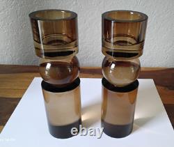 2- Heavy 8 Crystal, Mid-Century Modern Style Clear Amber Glass Candle Holders