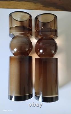 2- Heavy 8 Crystal, Mid-Century Modern Style Clear Amber Glass Candle Holders