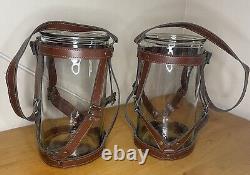 2 Hurricane Glass Lantern Candle Holder, Leather Straps Lantern Holder Glass