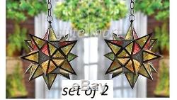2 LARGE multi point color Moroccan STAR hanging Candle holder swag light outdoor