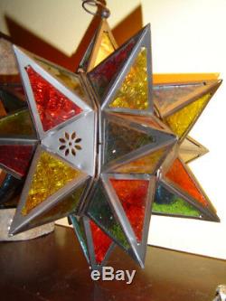 2 LARGE multi point color Moroccan STAR hanging Candle holder swag light outdoor