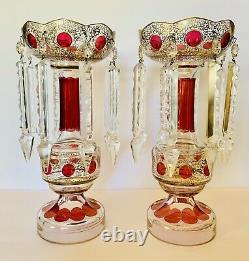 2 MAGNFICENT Bohemian Cranberry Gold GLASS Lusters Lustres Candle Holders PRISMS