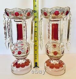 2 MAGNFICENT Bohemian Cranberry Gold GLASS Lusters Lustres Candle Holders PRISMS