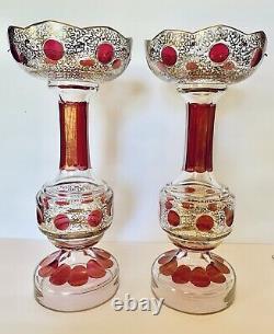 2 MAGNFICENT Bohemian Cranberry Gold GLASS Lusters Lustres Candle Holders PRISMS