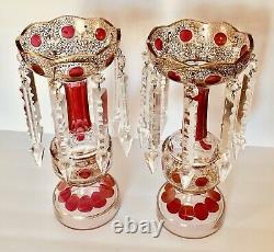 2 MAGNFICENT Bohemian Cranberry Gold GLASS Lusters Lustres Candle Holders PRISMS