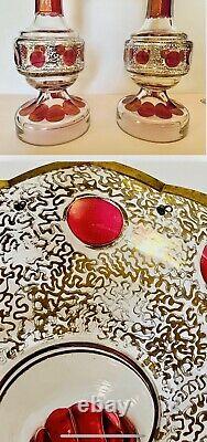 2 MAGNFICENT Bohemian Cranberry Gold GLASS Lusters Lustres Candle Holders PRISMS