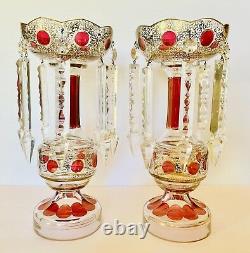 2 MAGNFICENT Bohemian Cranberry Gold GLASS Lusters Lustres Candle Holders PRISMS