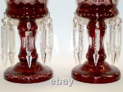 2 MANTLE LUSTERS Red Cut-Clear BOHEMIAN Glass Candle Lustre LAMP Prism VICTORIAN