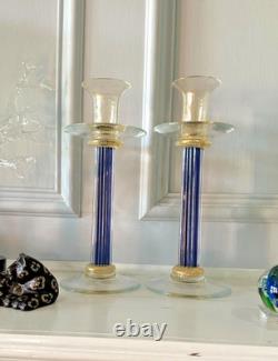 2 MCM Murano Art Glass Purple & Gold FLeck Roman Style Candlestick Holders 10
