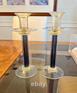 2 MCM Murano Art Glass Purple & Gold FLeck Roman Style Candlestick Holders 10