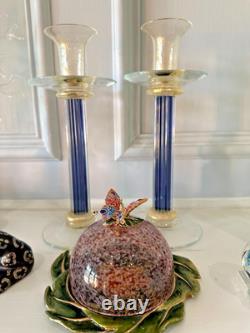 2 MCM Murano Art Glass Purple & Gold FLeck Roman Style Candlestick Holders 10