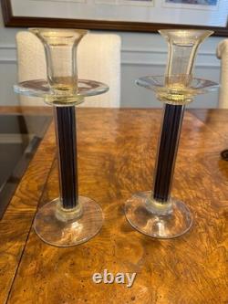 2 MCM Murano Art Glass Purple & Gold FLeck Roman Style Candlestick Holders 10