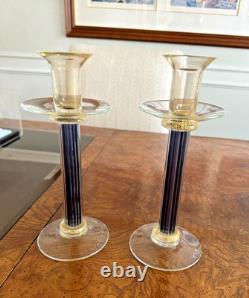2 MCM Murano Art Glass Purple & Gold FLeck Roman Style Candlestick Holders 10