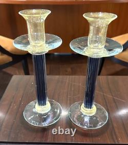 2 MCM Murano Art Glass Purple & Gold FLeck Roman Style Candlestick Holders 10