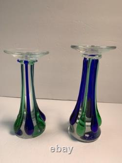 2 MCM Murano Italian Art Glass Blue Green Sommerso Hand Blown Candle Holders