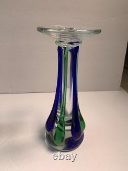 2 MCM Murano Italian Art Glass Blue Green Sommerso Hand Blown Candle Holders