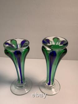 2 MCM Murano Italian Art Glass Blue Green Sommerso Hand Blown Candle Holders