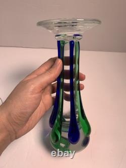 2 MCM Murano Italian Art Glass Blue Green Sommerso Hand Blown Candle Holders