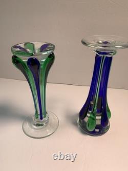 2 MCM Murano Italian Art Glass Blue Green Sommerso Hand Blown Candle Holders