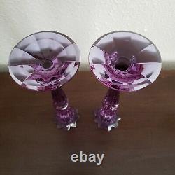 2 Moser Crystal Alexandrite Candle Holders Amethyst Purple Blue Flower 8 Tall