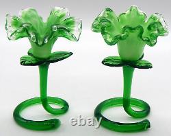 2 Murano Art Glass Green Flower Venetian Ruffled Candle Stick Holders