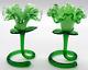 2 Murano Art Glass Green Flower Venetian Ruffled Candle Stick Holders