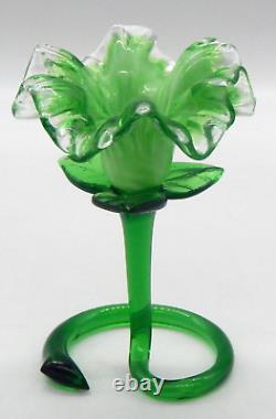 2 Murano Art Glass Green Flower Venetian Ruffled Candle Stick Holders