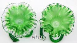 2 Murano Art Glass Green Flower Venetian Ruffled Candle Stick Holders