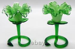 2 Murano Art Glass Green Flower Venetian Ruffled Candle Stick Holders