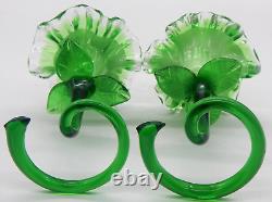 2 Murano Art Glass Green Flower Venetian Ruffled Candle Stick Holders