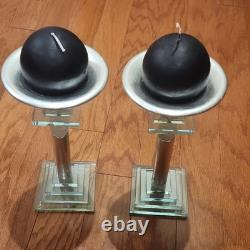 2-Pack Black Ball Wax Candles with Glass & Metal Candle Holders